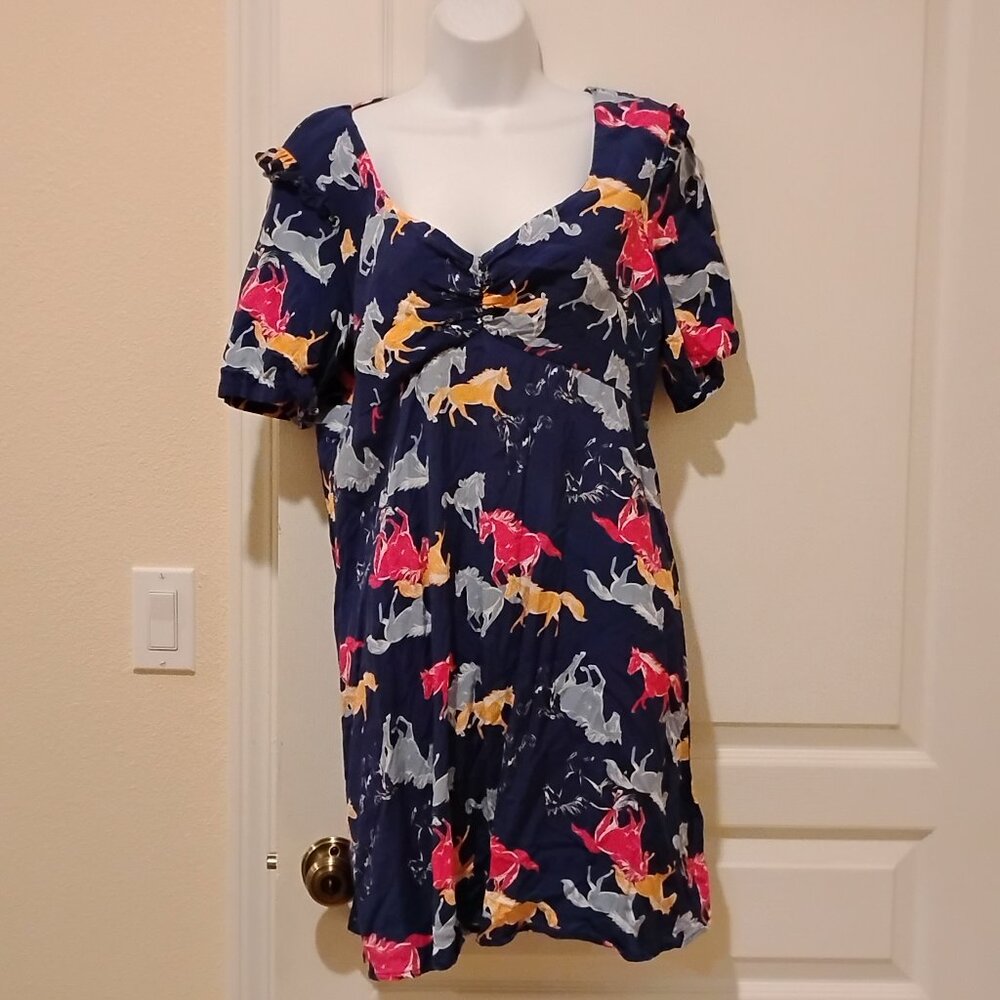 NWT ModCloth Neon Stampede Horse Novelty Print Cowgirl Ruffle Mini Dress XL